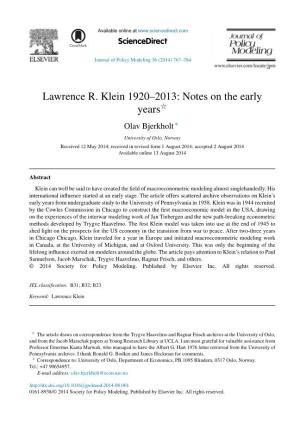 Lawrence R. Klein 1920–2013: Notes on the Early Yearsଝ ∗