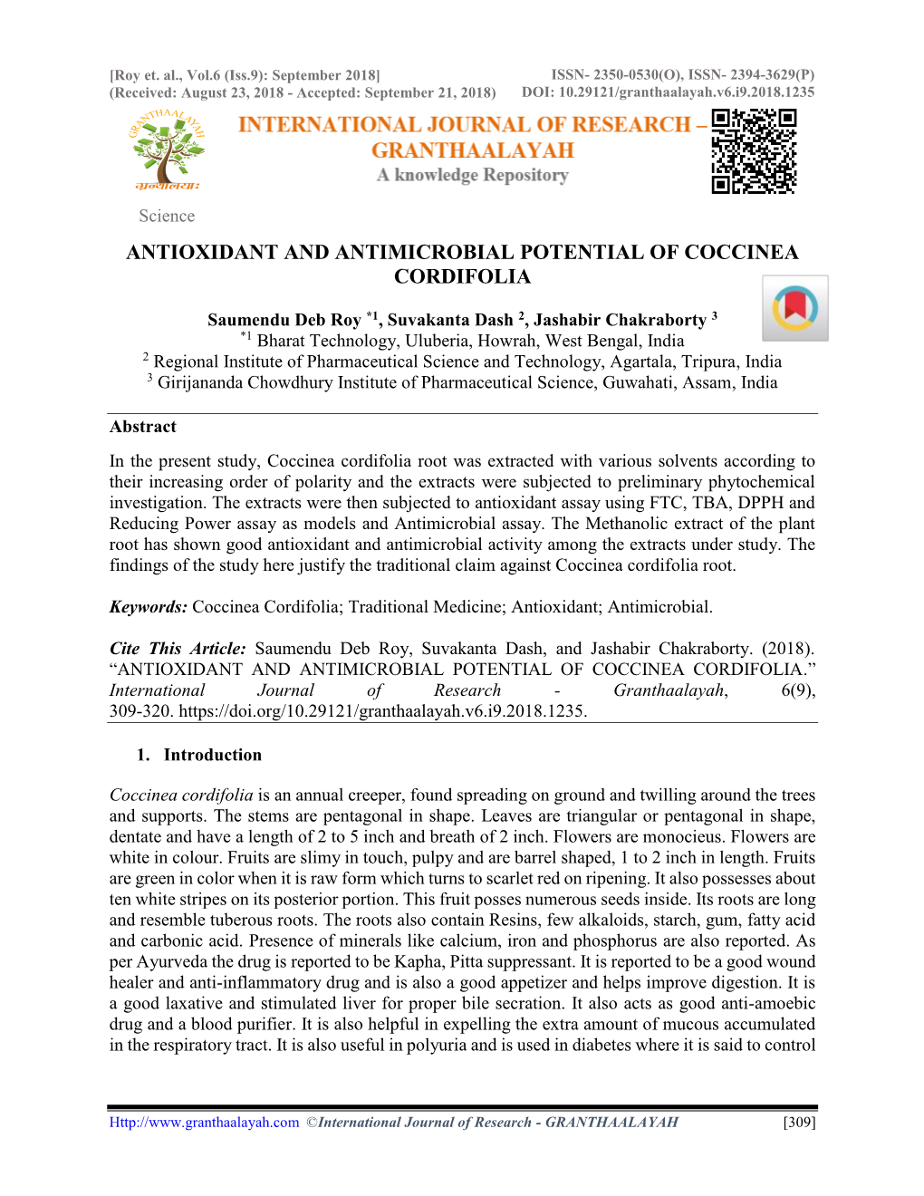 Antioxidant and Antimicrobial Potential of Coccinea Cordifolia