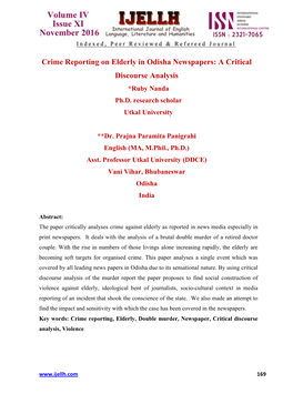 Crime Reporting on Elderly in Odisha Newspapers: a Critical Discourse Analysis *Ruby Nanda Ph.D