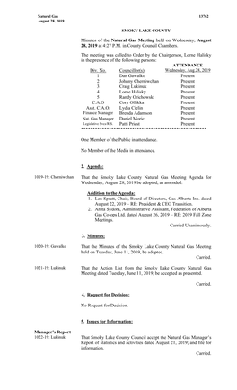 Minutes of the Natural Gas Meeting Held on Wednesday, August 28, 2019 at 4:27 P.M
