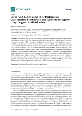 Lactic Acid Bacteria and Their Bacteriocins: Classiﬁcation, Biosynthesis and Applications Against Uropathogens: a Mini-Review