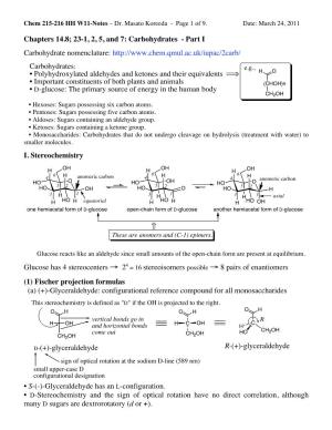 215-216 HH W11 Notes-Carbohydr-Part I