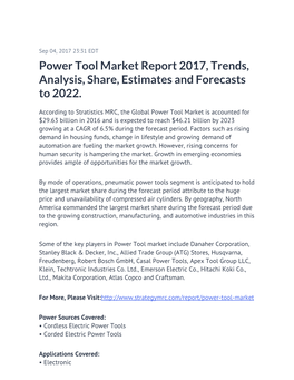 Power Tool Market Report 2017, Trends, Analysis, Share, Estimates and Forecasts to 2022