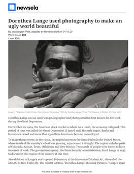 Dorothea Lange Used Photography to Make an Ugly World Beautiful by Washington Post, Adapted by Newsela Staff on 04.15.20 Word Count 890 Level 830L