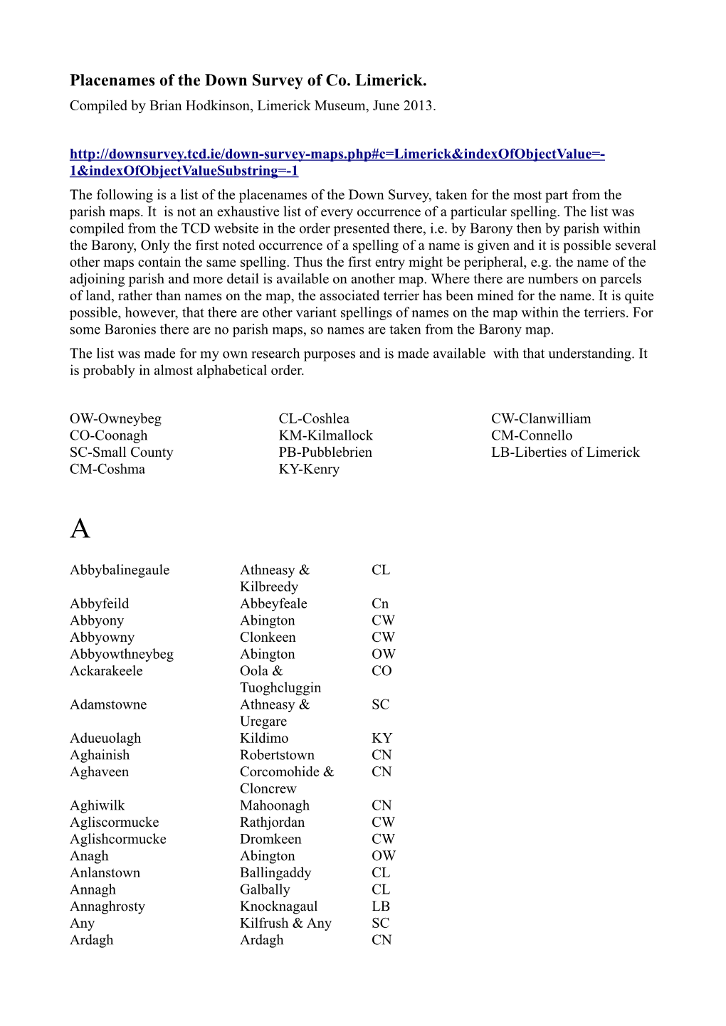 Placenames of the Down Survey of Co