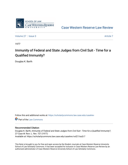 Immunity of Federal and State Judges from Civil Suit - Time for a Qualified Immunity?