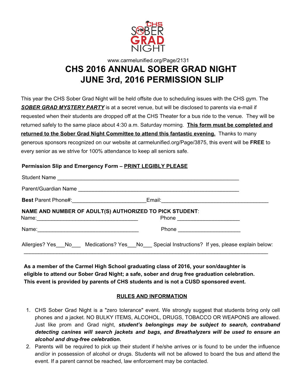 CHS 2016 ANNUAL SOBER GRAD NIGHT JUNE 3Rd, 2016 PERMISSION SLIP