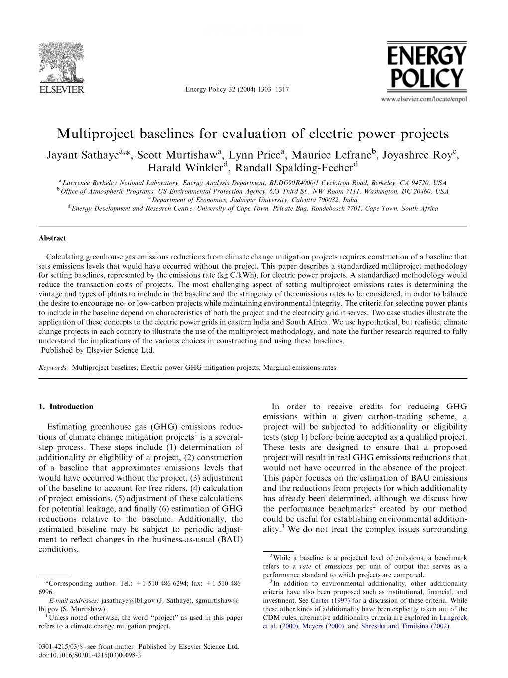 Multiproject Baselines for Evaluation of Electric Power Projects