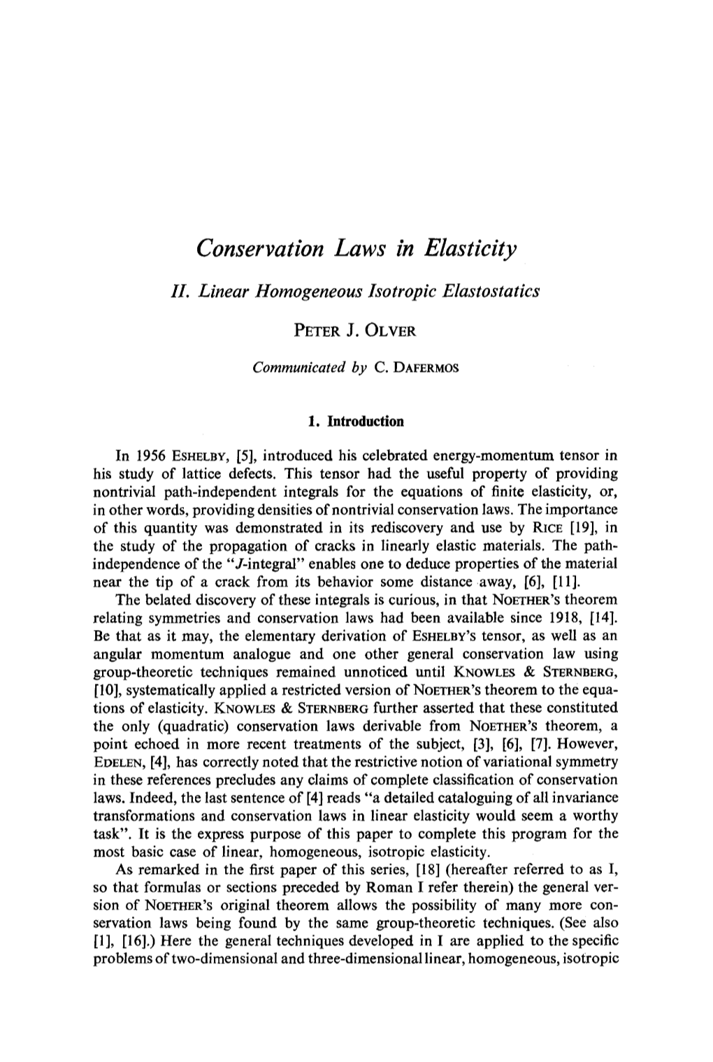 Conservation Laws in Elasticity