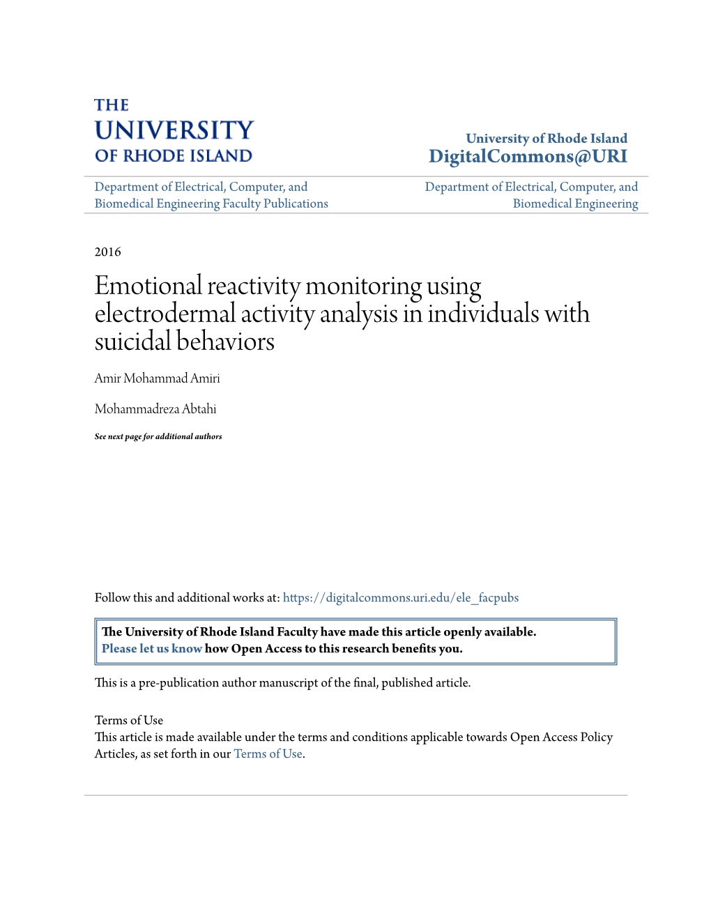 Emotional Reactivity Monitoring Using Electrodermal Activity Analysis in Individuals with Suicidal Behaviors Amir Mohammad Amiri