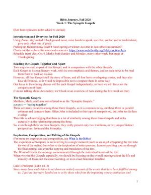 1 Bible Journey, Fall 2020 Week 1: the Synoptic Gospels (Red Font