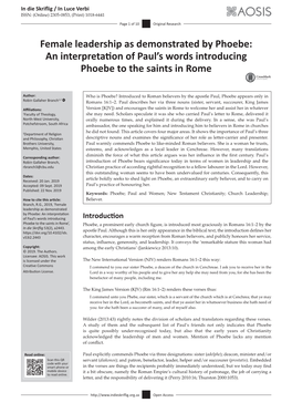 Female Leadership As Demonstrated by Phoebe: an Interpretation of Paul’S Words Introducing Phoebe to the Saints in Rome