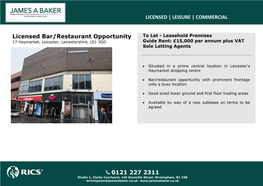 Licensed Bar/Restaurant Opportunity 0121 227 2311