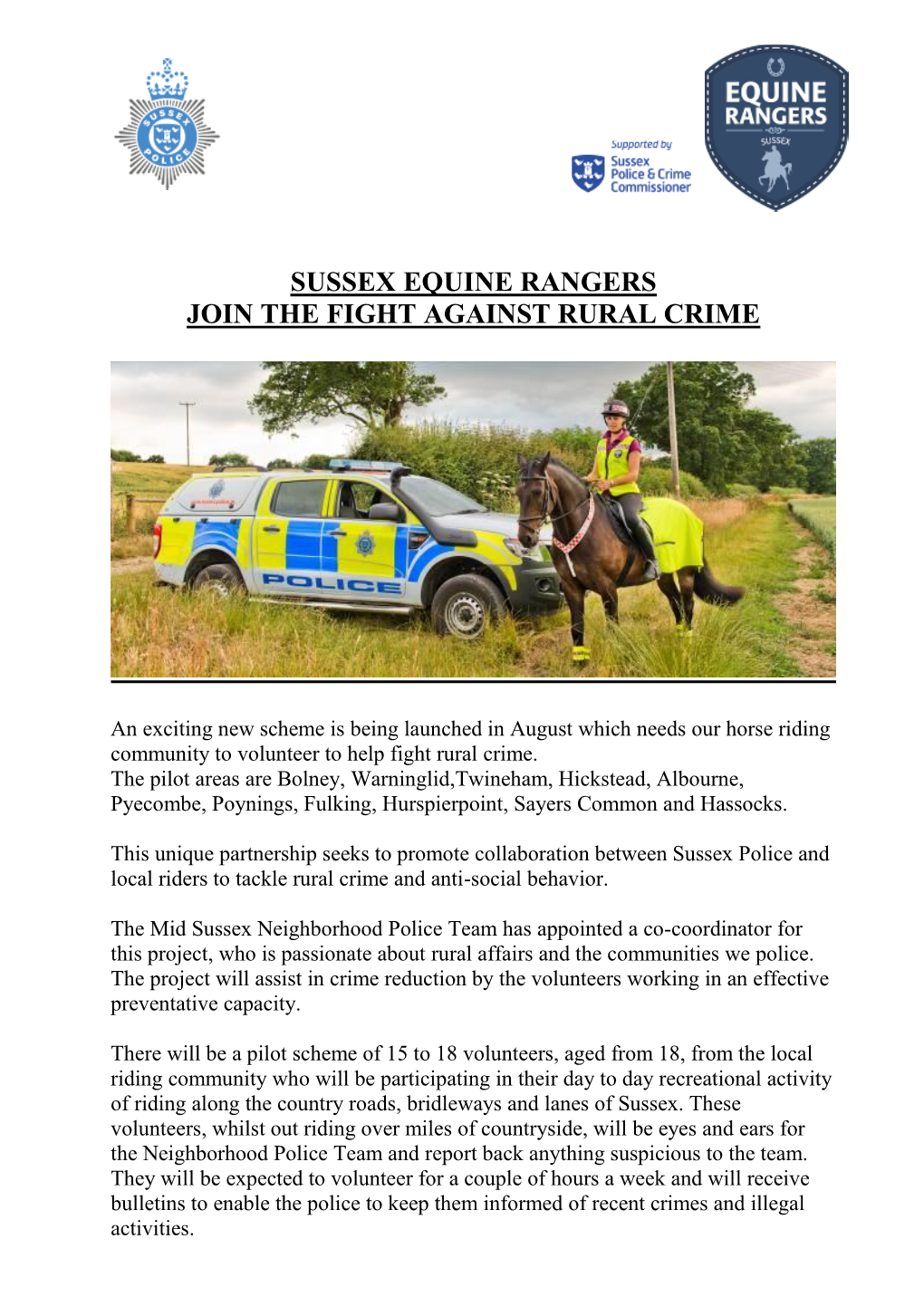 Sussex Equine Rangers Join the Fight Against Rural Crime