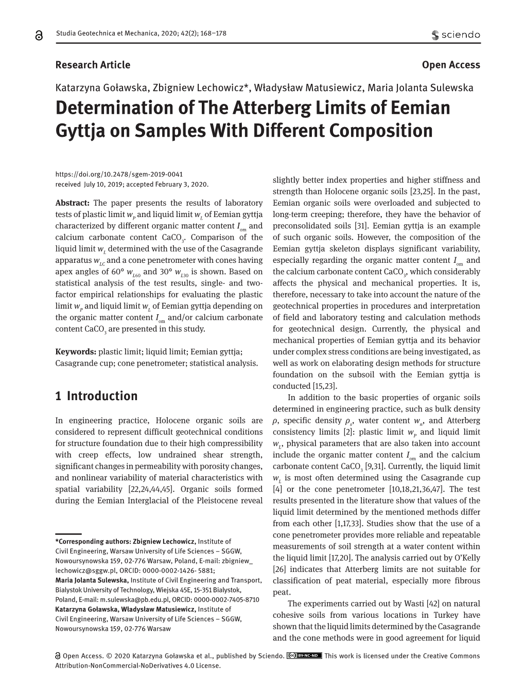 Determination of the Atterberg Limits of Eemian Gyttja on Samples with Different Composition