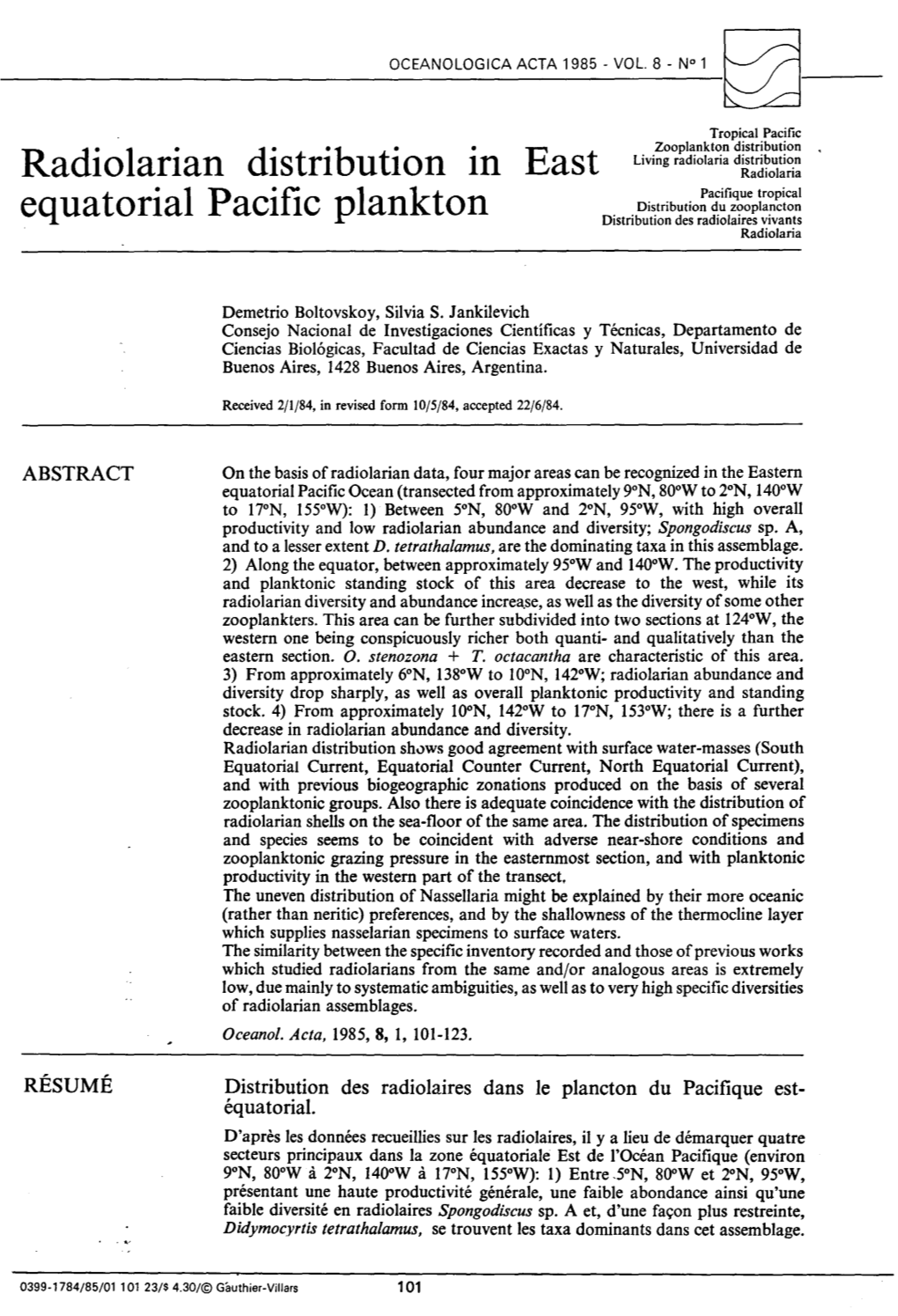 Radiolarian Distribution in Equatorial Pacifie Plankton East