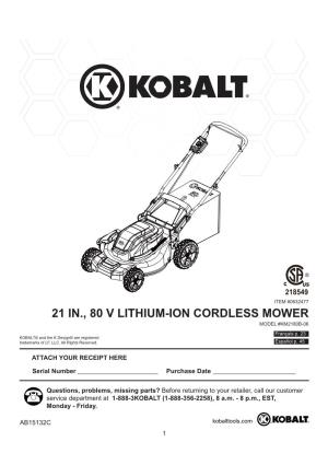 21 In., 80 V Lithium-Ion Cordless Mower Model #Km2180b-06