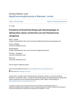 Prevalence of Broad-Host-Range Lytic Bacteriophages of Sphaerotilus Natans, Escherichia Coli, and Pseudomonas Aeruginosa