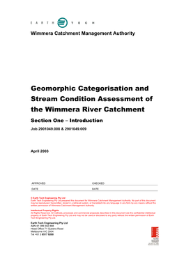 Geomorphic Categorisation and Stream Condition Assessment of the Wimmera River Catchment Section One – Introduction Job 2901049.008 & 2901049.009