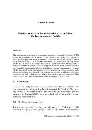 Further Analysis of the Articulation of /R/ in Polish – the Postconsonantal Position
