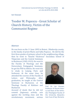 Teodor M. Popescu - Great Scholar of Church History, Victim of the Communist Regime