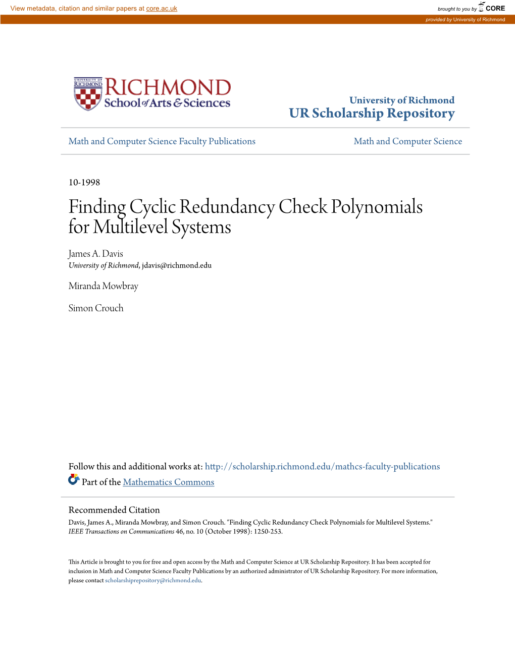 Finding Cyclic Redundancy Check Polynomials for Multilevel Systems James A