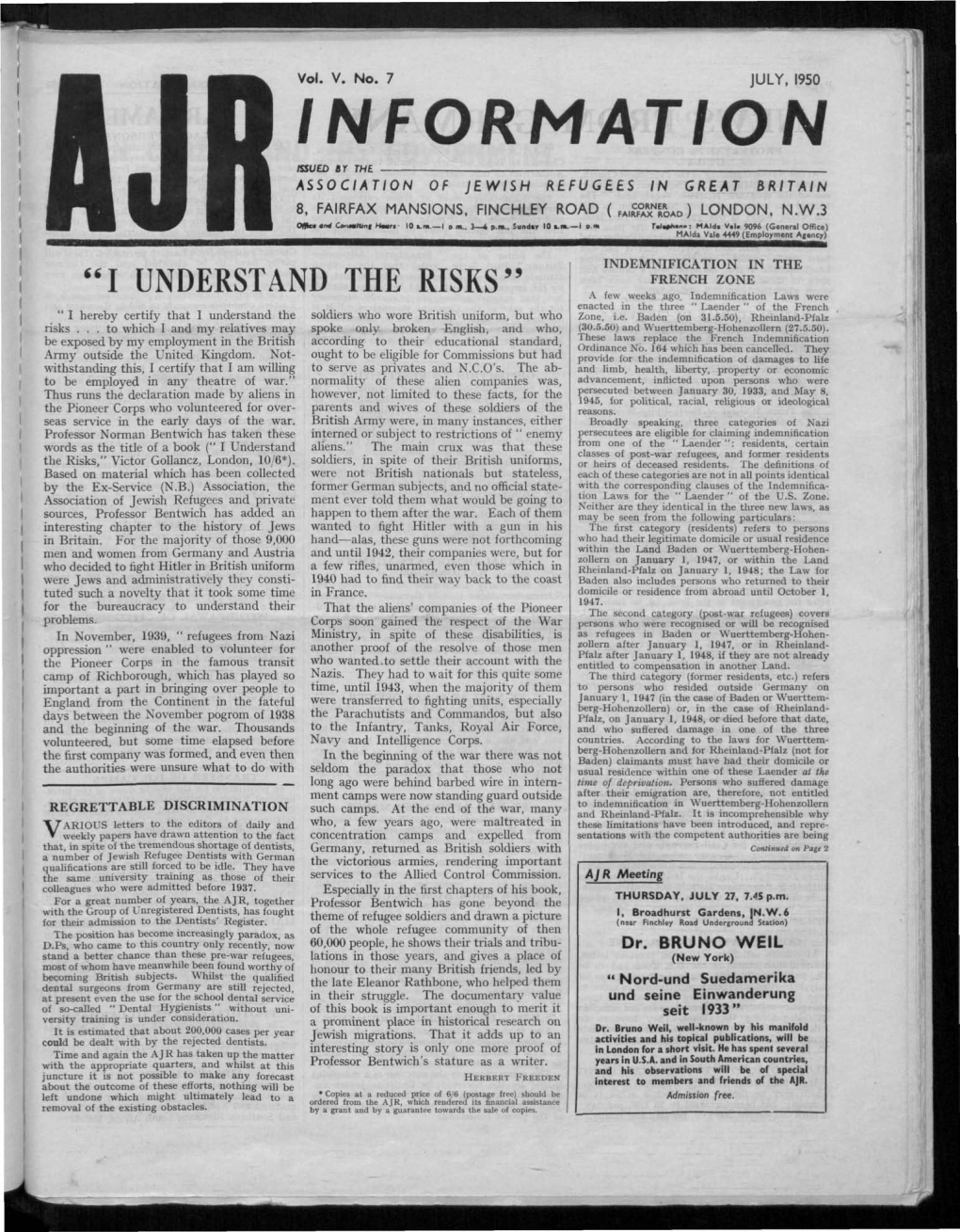 Information Issued Ey the Association of Jewish Refugees in Great Britain