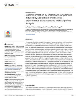 Biofilm Formation by Clostridium Ljungdahlii Is Induced by Sodium Chloride Stress: Experimental Evaluation and Transcriptome Analysis
