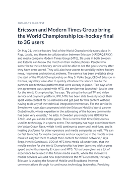 Ericsson and Modern Times Group Bring the World Championship Ice-Hockey Final to 3G Users