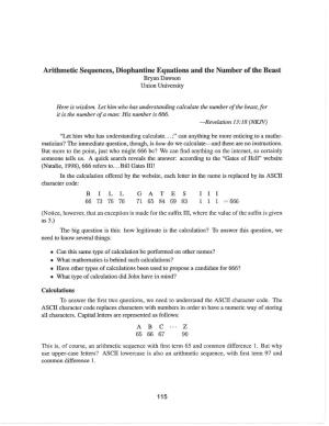 Arithmetic Sequences, Diophantine Equations and the Number of the Beast Bryan Dawson Union University