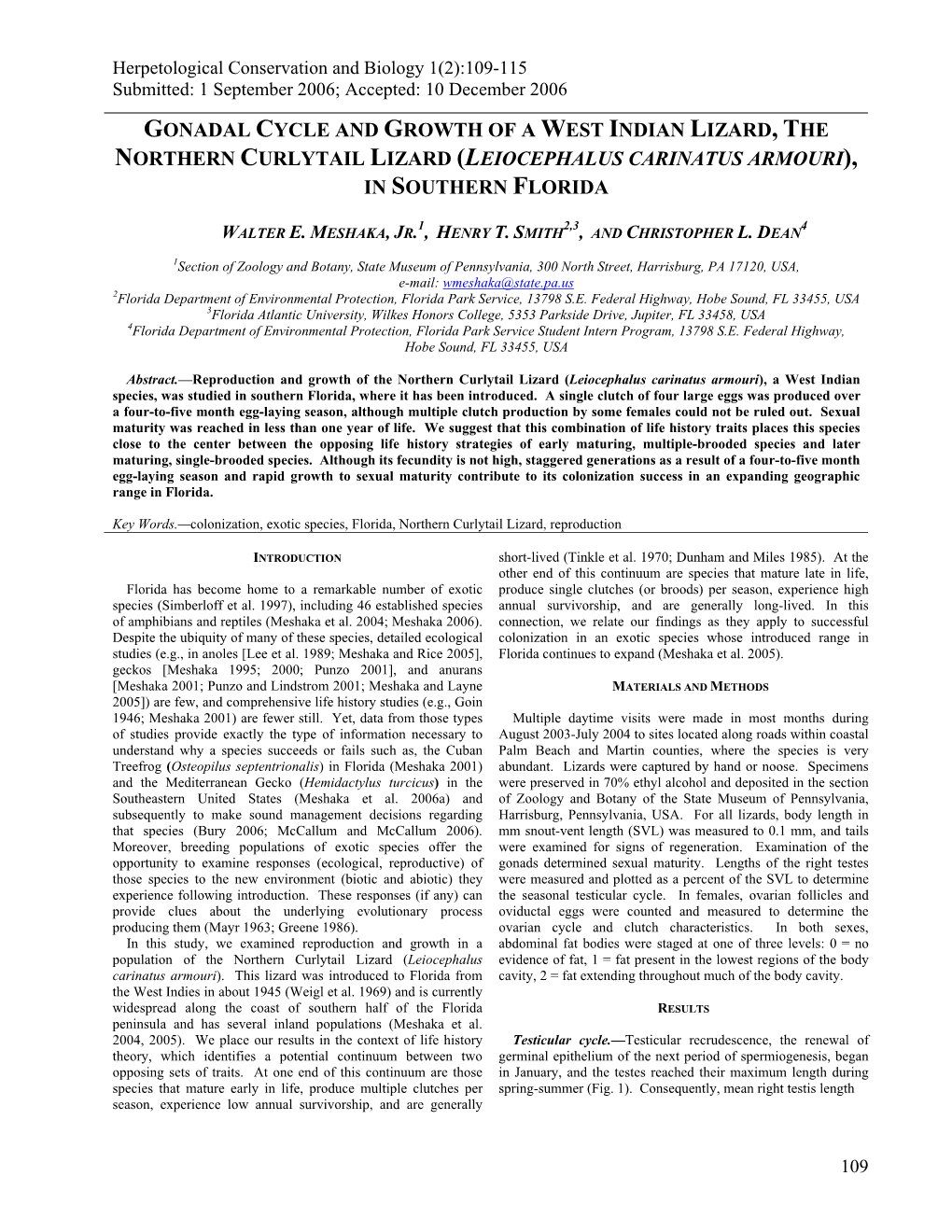 Gonadal Cycle and Growth of a West Indian Lizard, the Northern Curlytail Lizard (Leiocephalus Carinatus Armouri), in Southern Florida