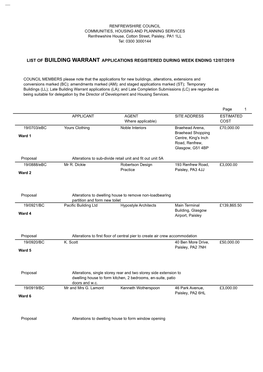 List of Building Warrant Applications Registered During Week Ending 12/07/2019