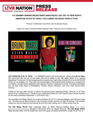 11X Grammy-Winner Bruno Mars Announces Last Set of New North American Dates of Highly Acclaimed 24K Magic World Tour