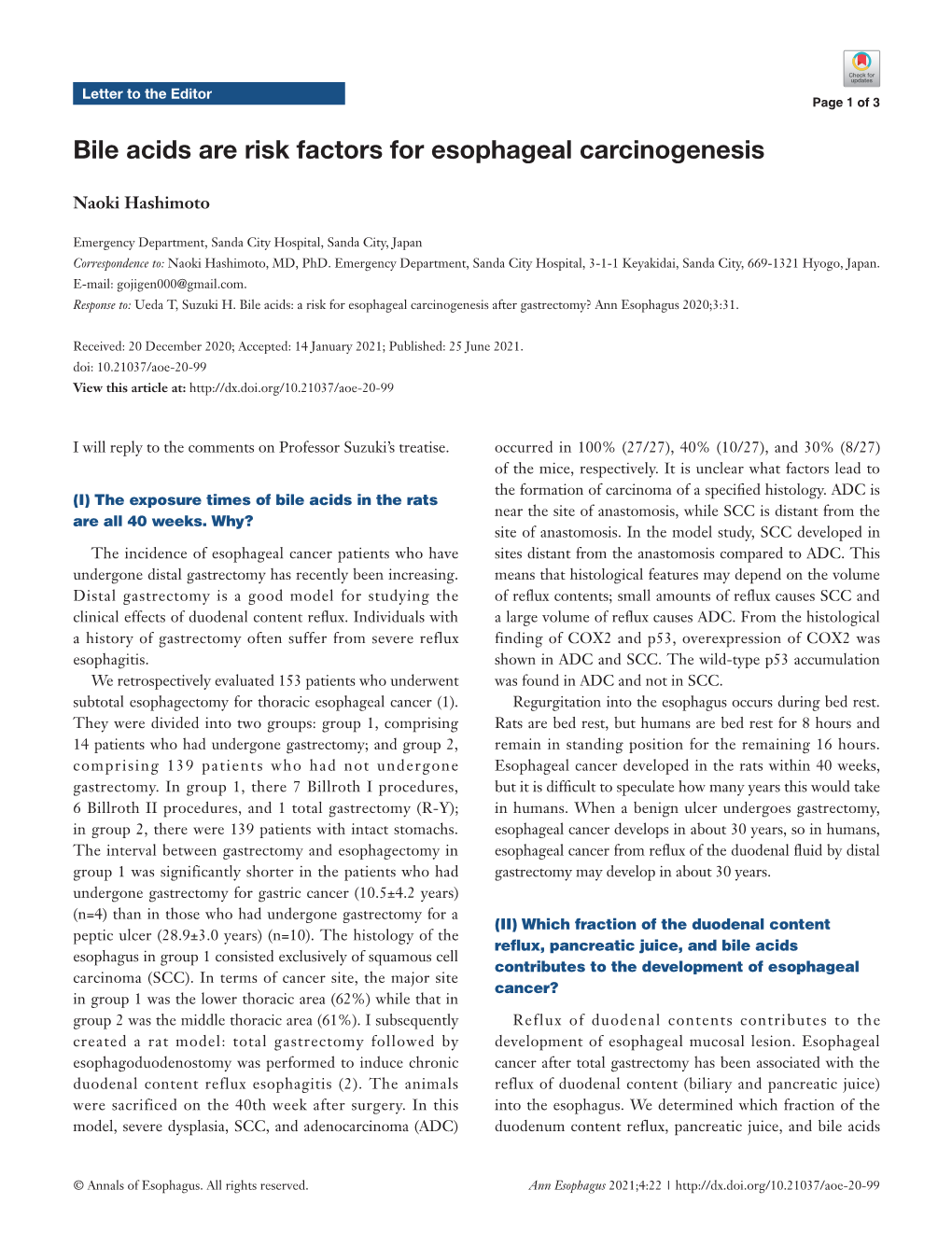 Bile Acids Are Risk Factors for Esophageal Carcinogenesis