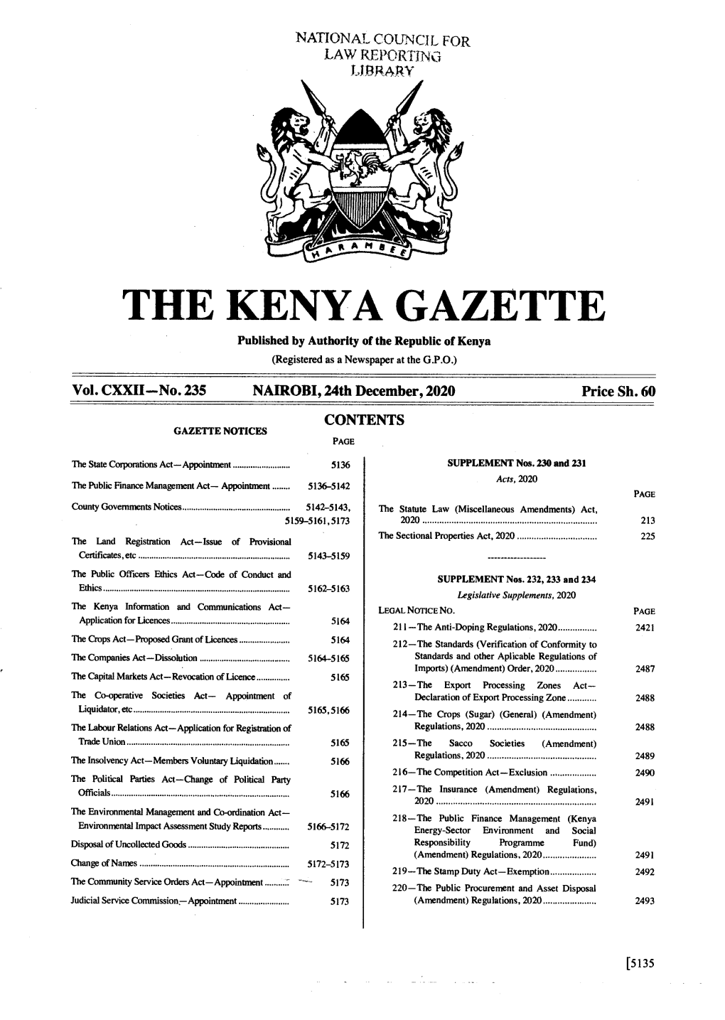 THE KENYA GAZETTE Published by Authority of the Republic of Kenya (Registered As a Newspaper at the G.P.O.) � Vol