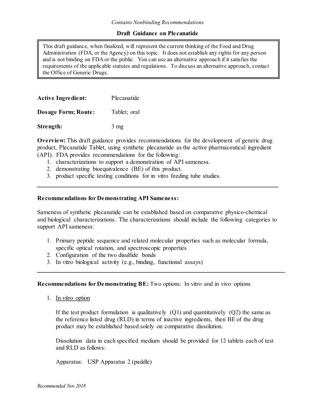 Draft Guidance on Plecanatide Active Ingredient