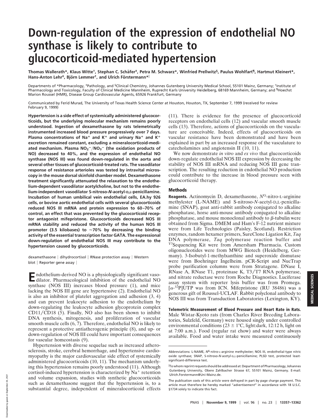 Down-Regulation of the Expression of Endothelial NO Synthase Is Likely to Contribute to Glucocorticoid-Mediated Hypertension