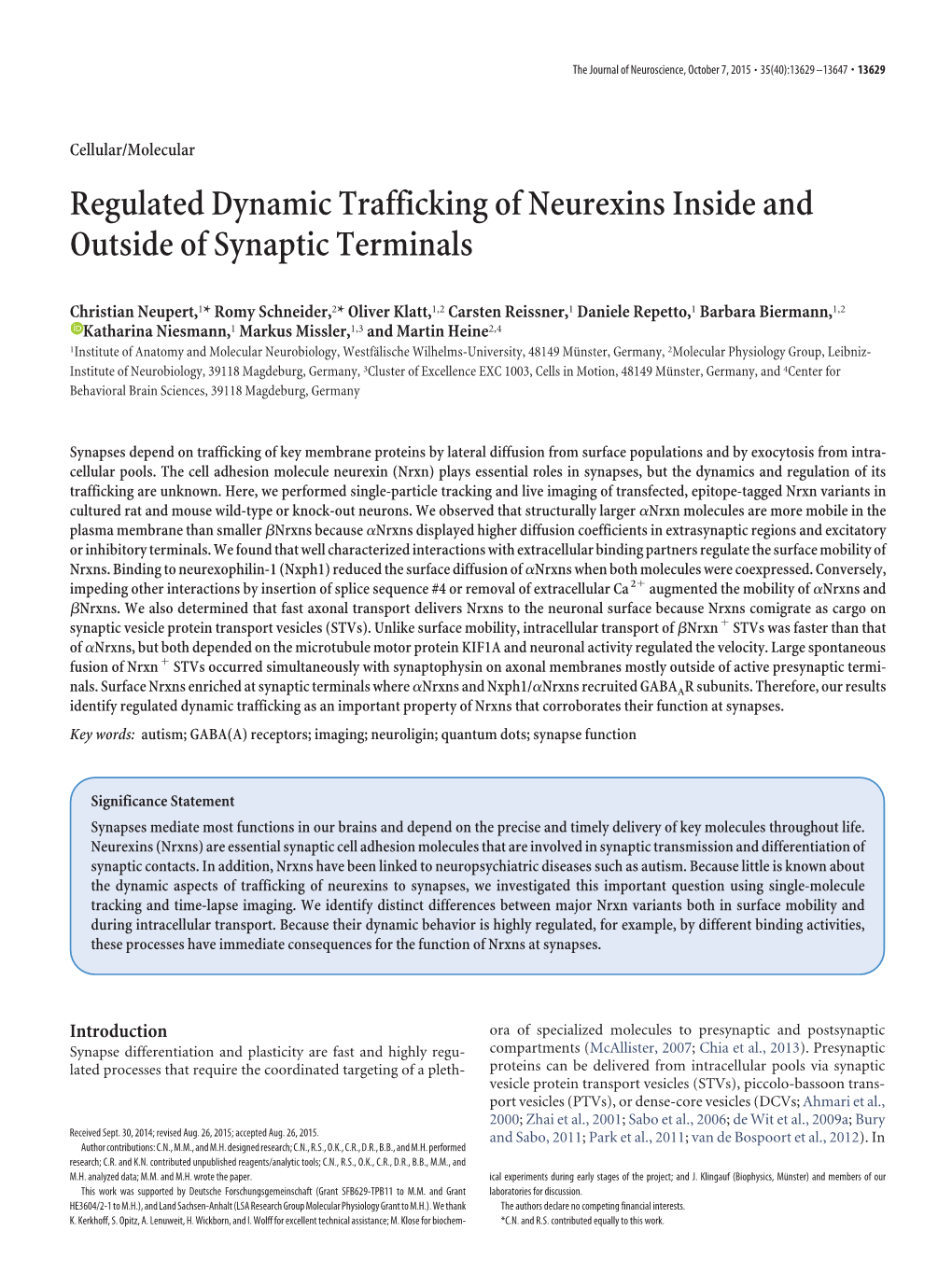 Regulated Dynamic Trafficking of Neurexins Inside and Outside of Synaptic Terminals