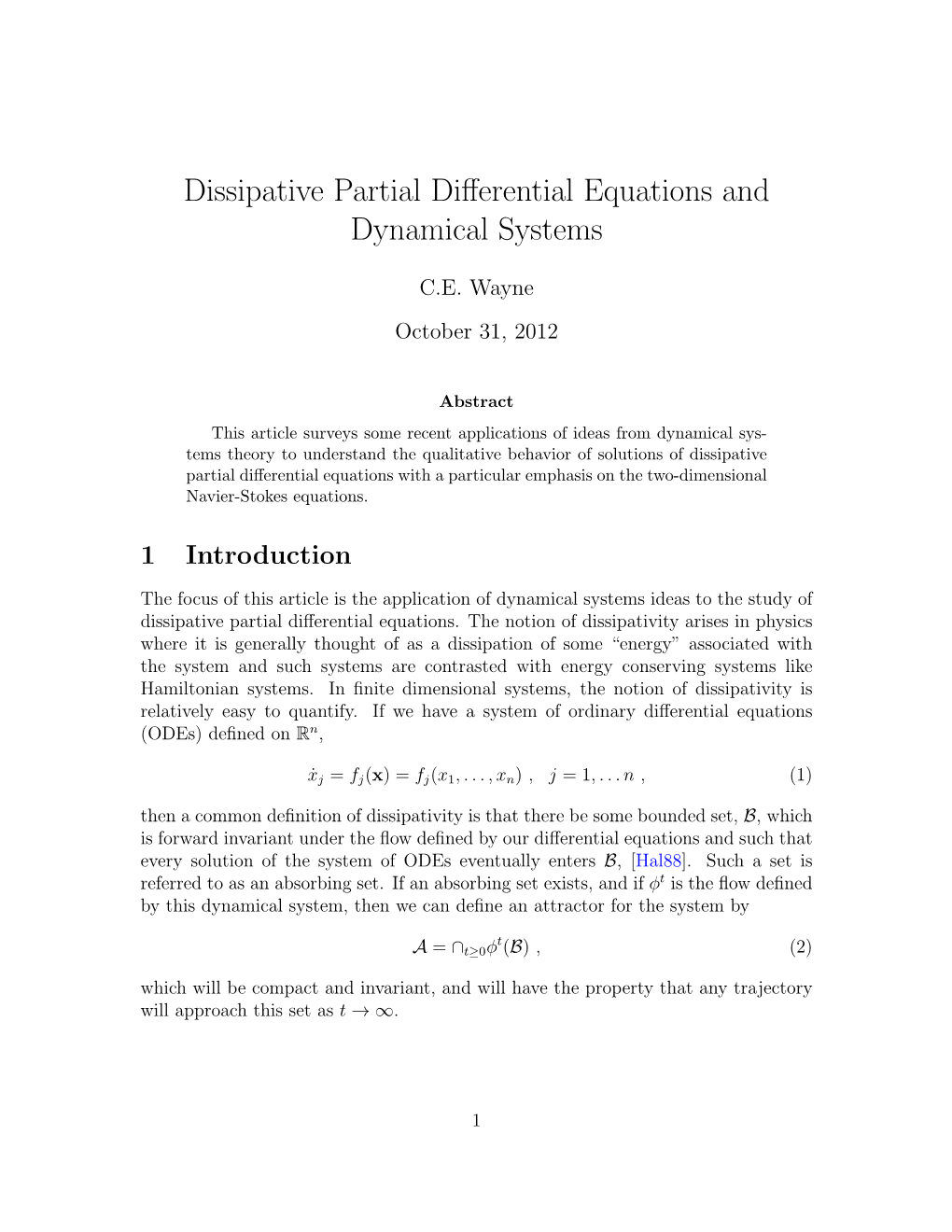 Dissipative Partial Differential Equations and Dynamical Systems