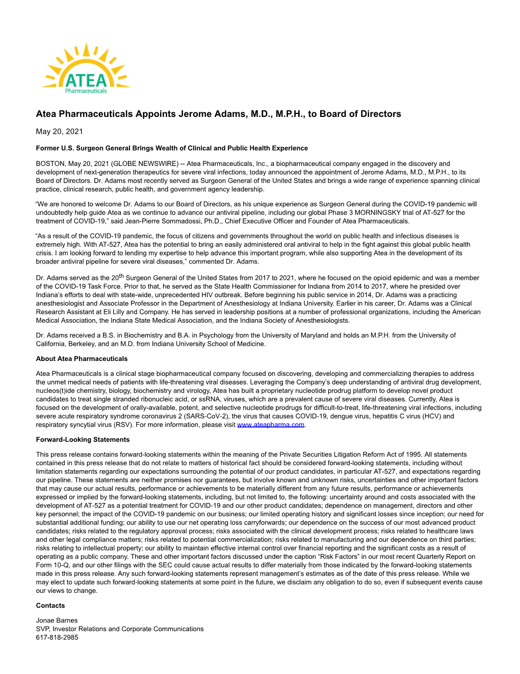 Atea Pharmaceuticals Appoints Jerome Adams, MD, MPH, to Board