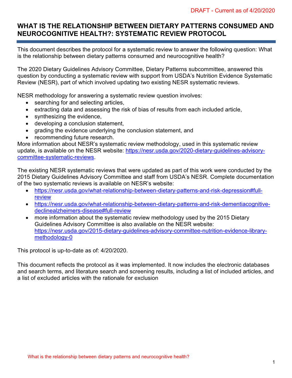 What Is the Relationship Between Dietary Patterns Consumed and Neurocognitive Health?: Systematic Review Protocol