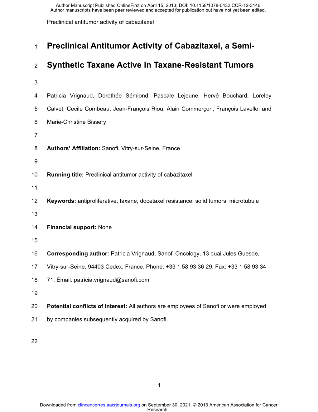 Preclinical Antitumor Activity of Cabazitaxel, a Semi