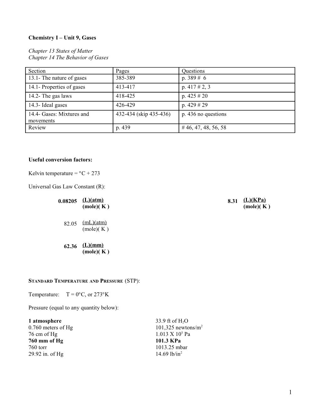 Chemistry I Unit 9, Gases