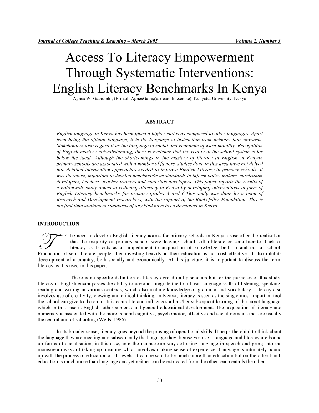 English Literacy Benchmarks in Kenya Agnes W