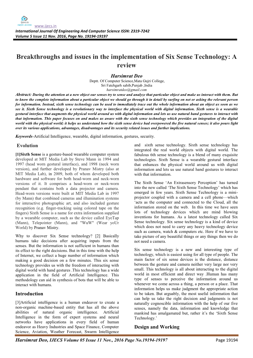 Breakthroughs and Issues in the Implementation of Six Sense Technology: a Review Harsimrat Deo Deptt