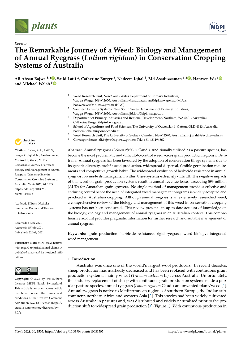 Biology and Management of Annual Ryegrass (Lolium Rigidum) in Conservation Cropping Systems of Australia