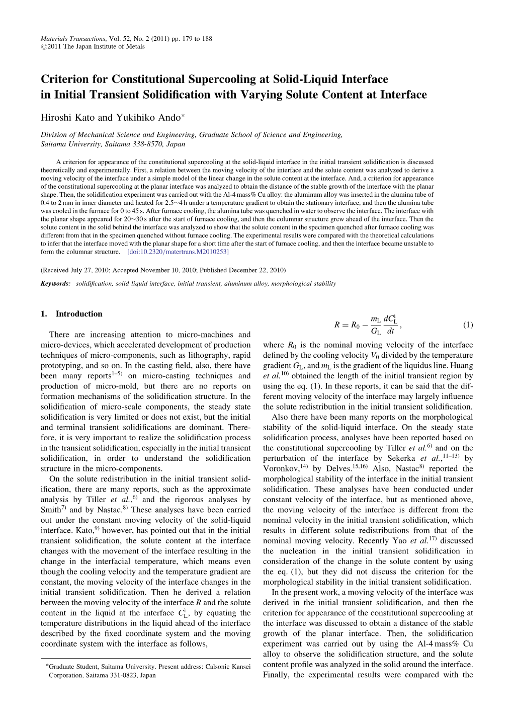 Criterion for Constitutional Supercooling at Solid-Liquid Interface in Initial Transient Solidiﬁcation with Varying Solute Content at Interface