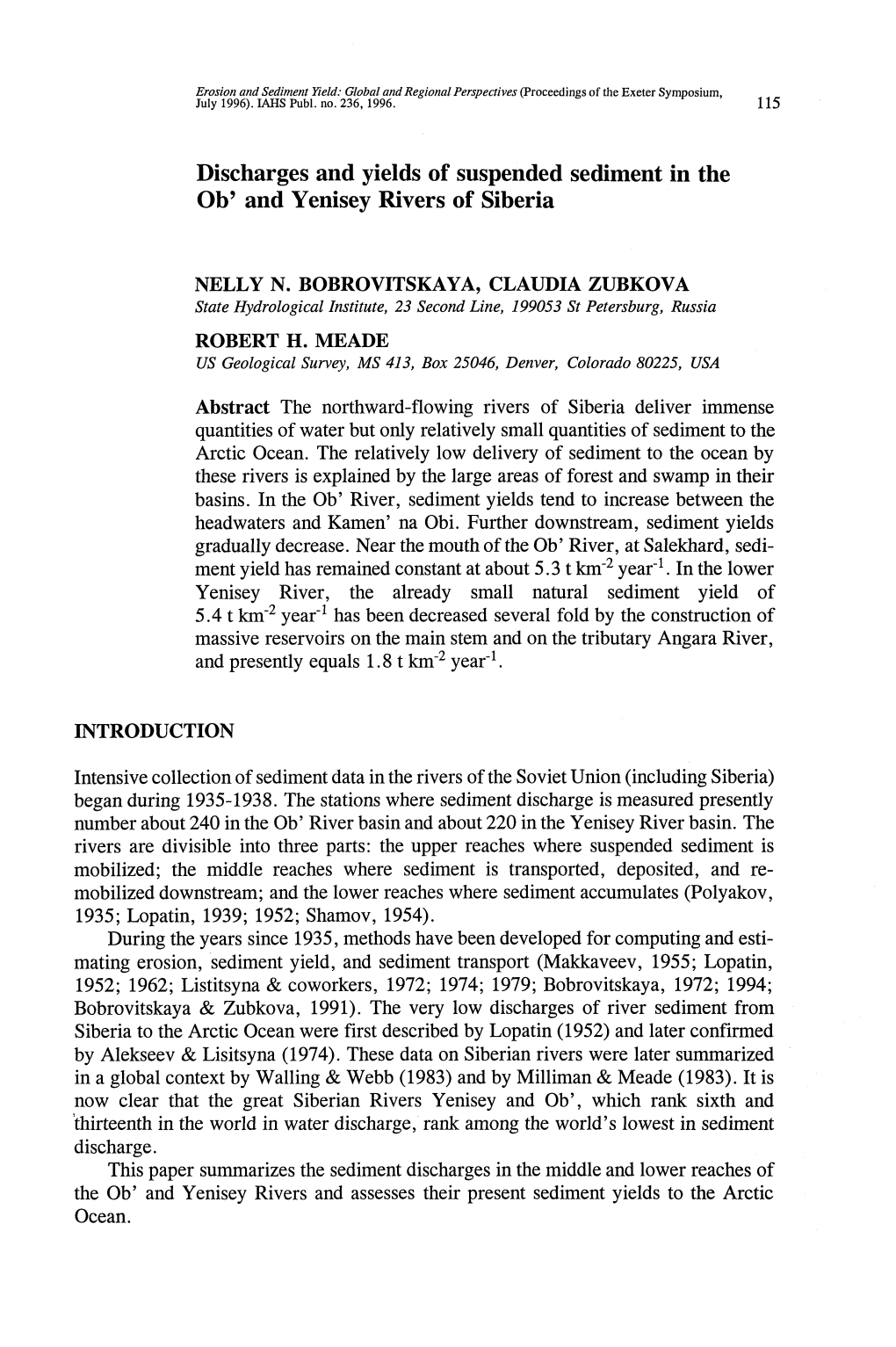 Discharges and Yields of Suspended Sediment in the Ob' and Yenisey