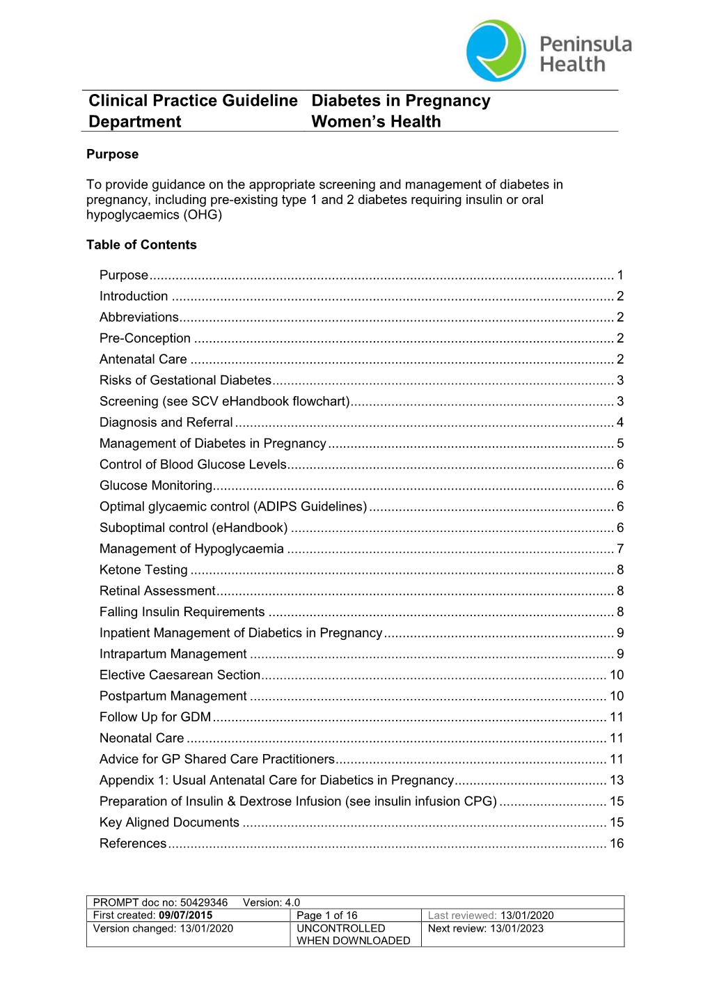 Clinical Practice Guideline Diabetes in Pregnancy Department Women's Health