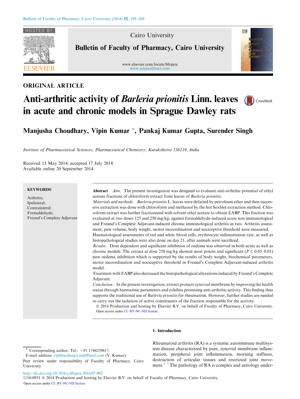 Anti-Arthritic Activity of Barleria Prionitis Linn. Leaves in Acute and Chronic Models in Sprague Dawley Rats